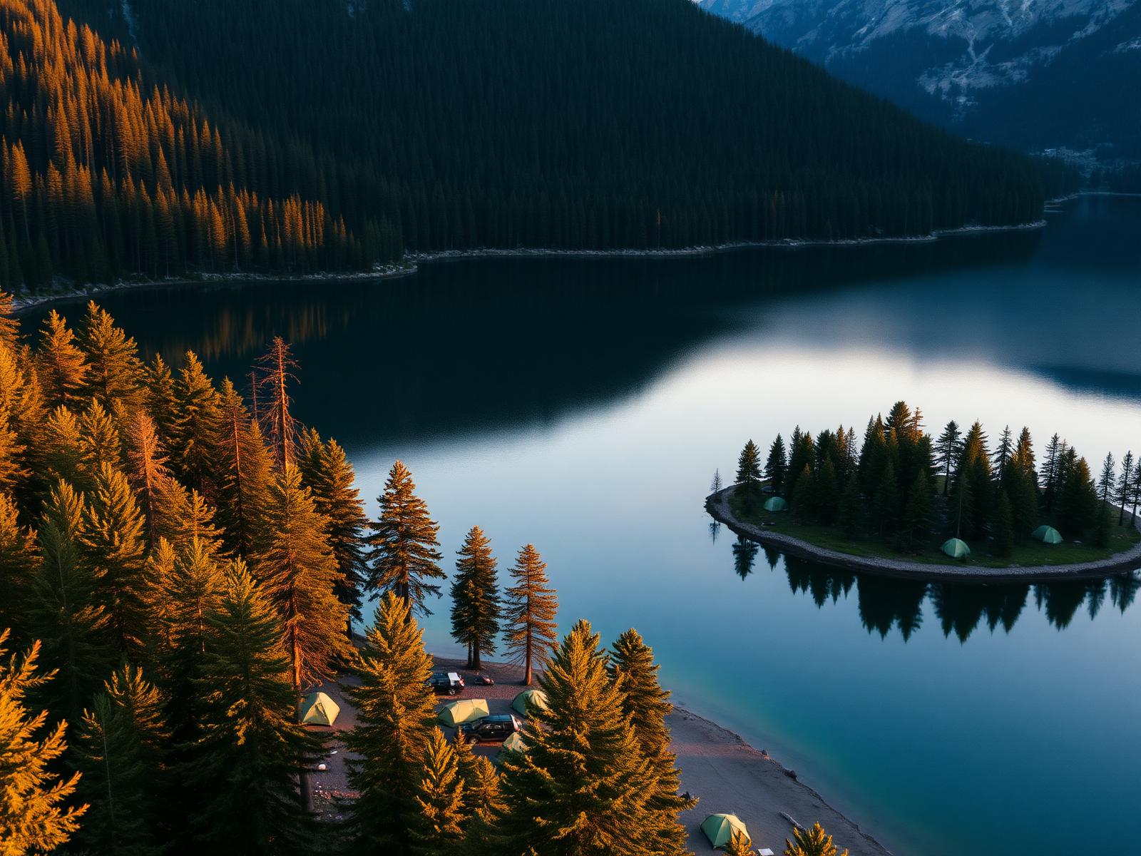 Alpine lakeside campground at golden hour